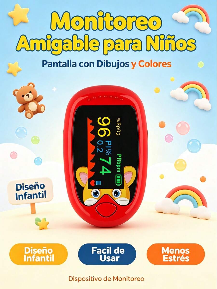 Pulsovital Oxímetro de Pulso de Dedo Pediátrico Recargable USB, Pantalla OLED Diseño Infantil, Medición de Saturación SPO2 y Frecuencia Cardíaca, Uso Doméstico