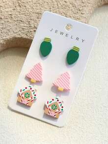 3 Pairs 1 Card Christmas Lights Pink Christmas Tree House Print Minimalist Personalized Cute Elegant Earrings - Multicolor - View 4