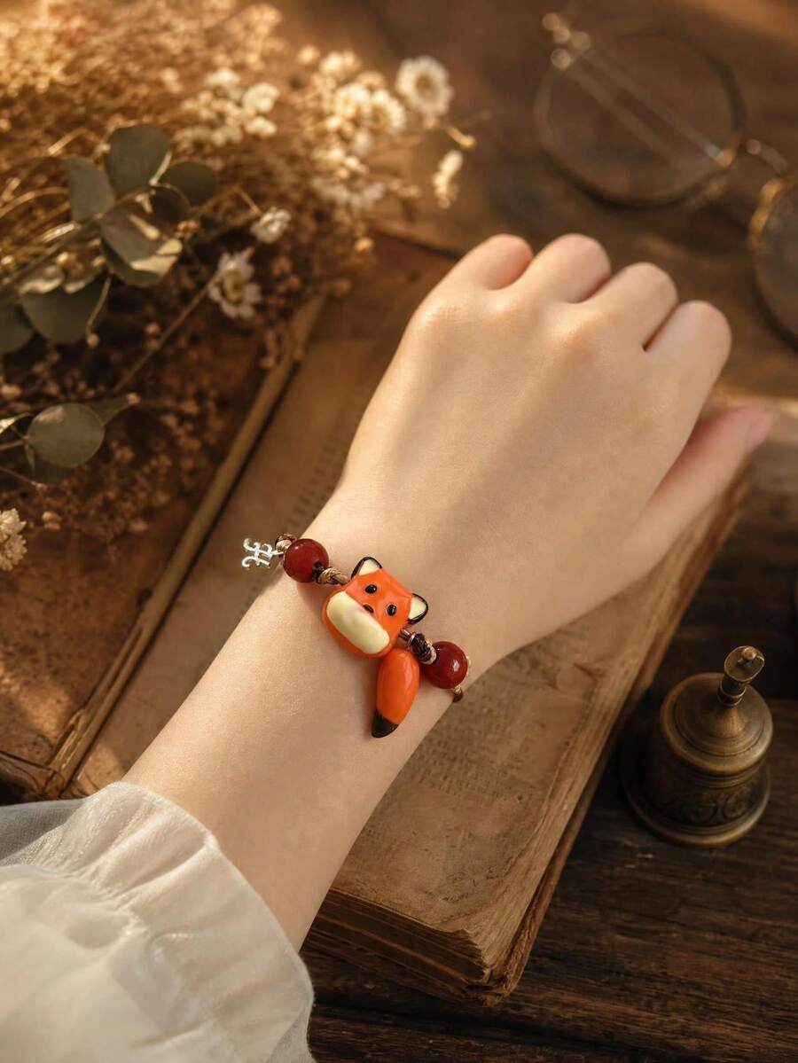 1pc Cute Hippie Fox Shaped Pendant Bracelet, Niche Design Y2K Vintage Style, Adjustable Rope Chain Bracelet, Girl's Daily, Party, Gift And Travel Jewelry (Color Gradient May Vary) - A - View 1