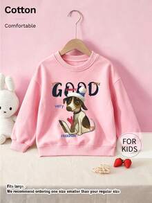 Children's Crew Neck Sweatshirt, Cartoon Dog Wearing Hat Letter Slogan Print Pure Cotton Pullover - Pink - View 1