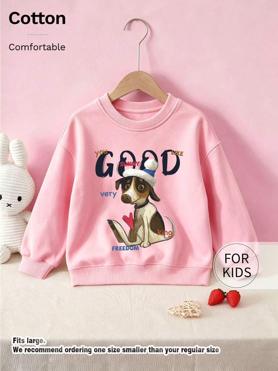 Children's Crew Neck Sweatshirt, Cartoon Dog Wearing Hat Letter Slogan Print Pure Cotton Pullover - Pink - View 1