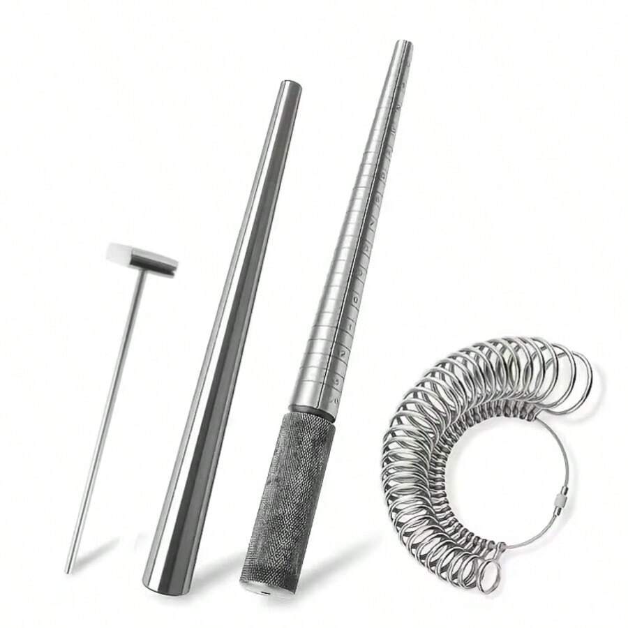KLONKEE 4pcs Ring Making And Repair Tools, US Size Marked 1-13, With Knurled Handle, Carbon Steel Measuring Rod, US Ring Sizer, No Scale Rod, Repair Craft Hammer, Ring Sizing Gauge, Suitable For Jewelry Size Adjustment - Multicolor - View 1