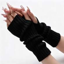 Women's Solid Color Half-Finger Rolled Edge Knit Arm Warmers, Soft & Warm, Autumn/Winter Writing Gloves - Multicolor - View 5