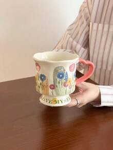 Fashionable High-End Cute Floral Print Ceramic Coffee Cup, Heart-Shaped Handle, Wavy Shell Edge Base Tea Cup, Colorful Country Floral Pattern Ceramic Cup, Exquisite Home Dining Table Drinkware, Sweet Birthday Gift For Girls - Multicolor - View 10