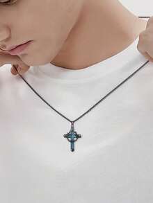 ZHIXUN 1pc Thorn Wrapped Cross Faux Turquoise Necklace Black Hollow Out Personalized Punk, Suitable For Men's Party Daily Music Festival Wear - Black - View 2