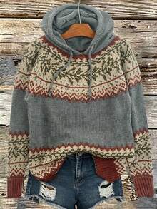 Women's Autumn/Winter Fashion Commuter Casual Comfortable Warm Grey Fair Isle Geometric & Floral Pattern Contrast Color Long Sleeve Hooded Loose Knit Pullover Sweater, Fair-Isle Vintage Jacquard Hooded Knit Sweater, European & American Ranch Style Nordic Vintage Striped Jacquard Hooded Sweater - Grey - View 3