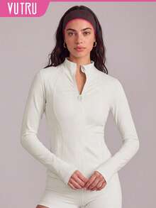 VUTRU Women's Slim Fit Dual Pocket Sports Jacket With Zipper, Thumb Holes And Small Stand Collar For Running And Fitness - Creamy White - View 1