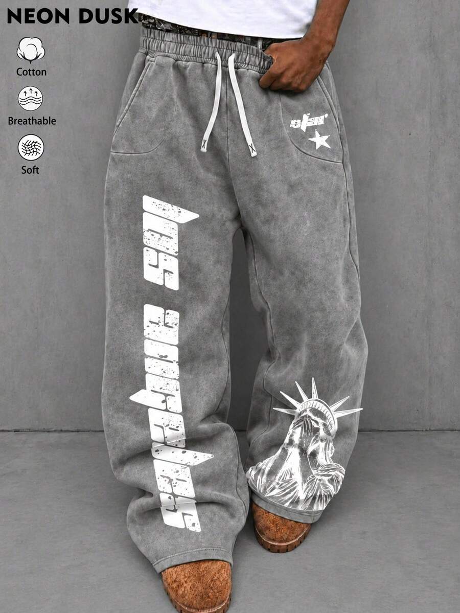 Men's Grey Letter Print Loose Sweatpants, Y2K Street Style, Suitable For Daily Wear And Hip-Hop Looks - Dark Grey - View 1