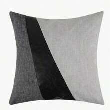 Modern Minimalist Diagonal Stripe Faux Leather & Linen Patchwork Pillow Case, Grey Square Decorative Cushion Cover, Suitable For Sofa, Bedroom, Living Room Home Decor - Light Grey - View 12