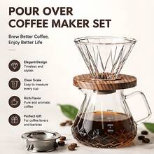 Pour Over Coffee Pot Set, 13.5/20oz Borosilicate Glass Body With Lid, Includes Coffee Scoop, Walnut Wood Handle, Transparent, Suitable For Home, Cafe, Camping - Multicolor - View 2
