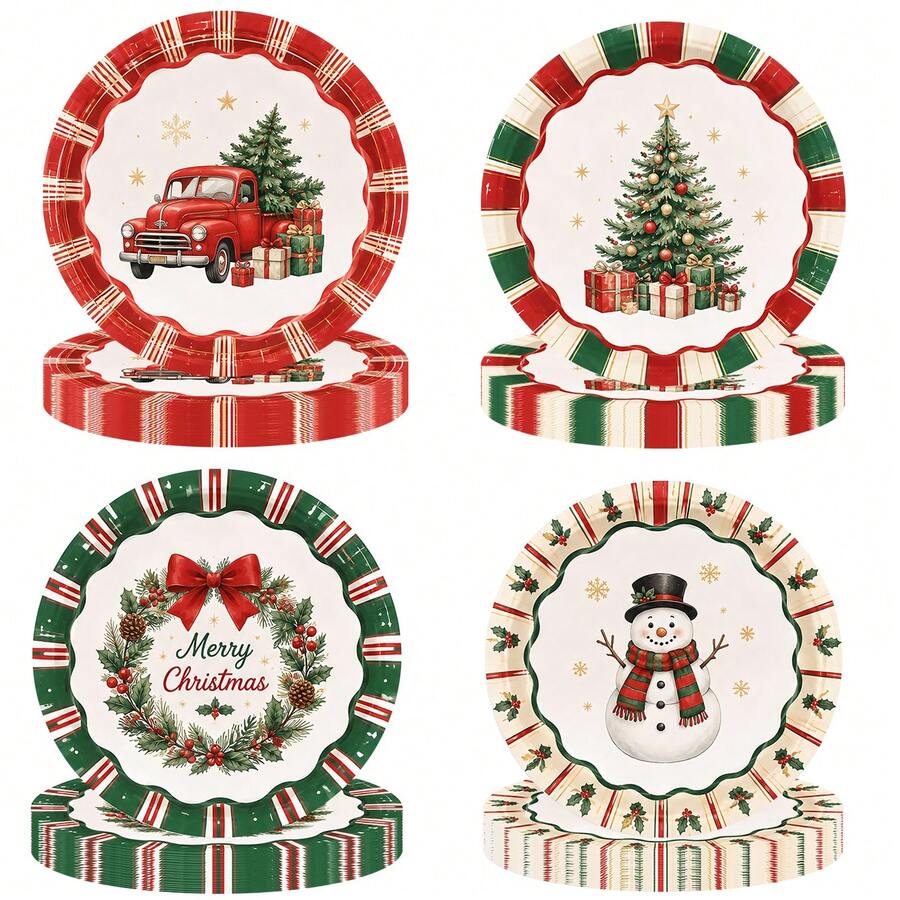 5pcs/20pcs/60pcsChristmas Party Paper Plates Featuring Designs Of Red And Green Christmas Trees, Cars, Snowmen, And Wreaths; Available In 7-Inch And 9-Inch Sizes; Suitable For Christmas Parties, New Year's Celebrations, And Winter Family Gatherings. - View 1