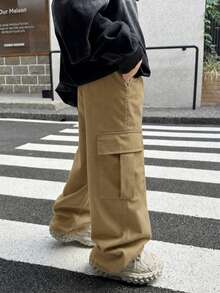 Boys' Fashion Versatile Academy Multi-Pocket Soft Straight Leg Cargo Pants, Spring Summer Autumn Winter Christmas - Khaki - View 3