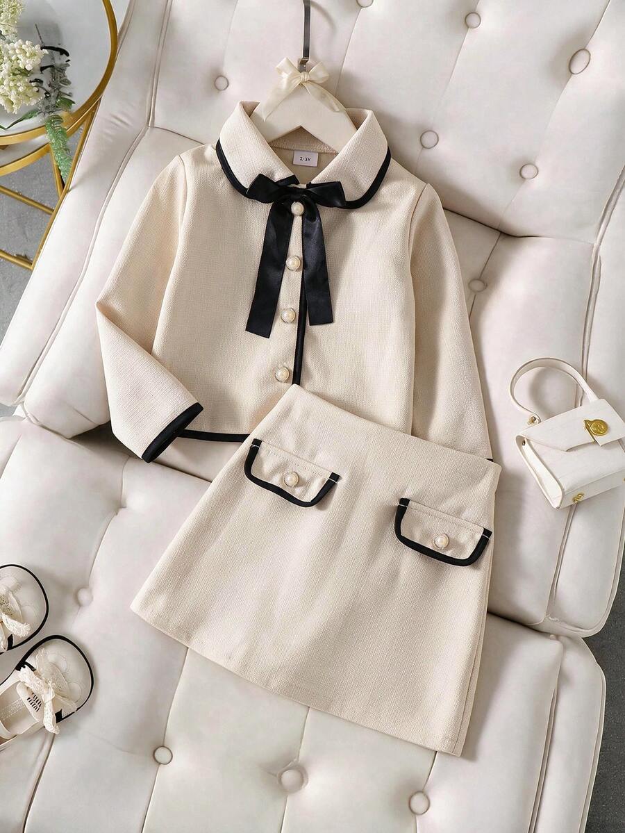 2pcs/Set Girls Elegant Apricot Lapel Jacket And Skirt Set, Spring/Autumn - Apricot - View 1