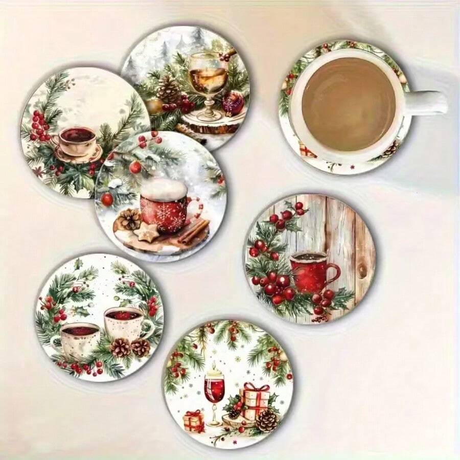 6pcs Christmas Wooden Coasters - Holiday Gift, Suitable For Kitchen, Living Room And Patio Table Bar, Desktop Decor, Party Decor, Coffee Mat, Christmas Atmosphere Decor, Christmas Gift - Multicolor - View 1