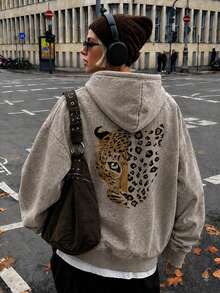 Sweatshirt Wanita Motif Vintage Washed, Sweatshirt Pullover Longgar Berlapisan Fleece Tebal, Motif Leopard Gaya Streetwear Musim Gugur/Dingin - Khaki - View 2