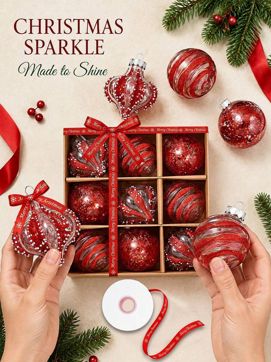 10/9/1pc Red Christmas Ball Ornament Set With Merry Christmas Ribbon, Transparent Glitter Swirl Onion Ball And Confetti Design, Suitable For Holiday Tree, Wreath, Garland, Gift Wrapping, Fireplace Mantel Display, Party Home Decor, Adult Style - Multicolor - View 1