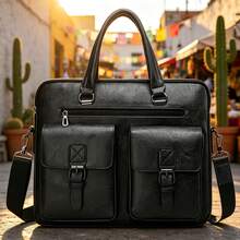Maletín de Cuero para Hombre, Bolsa de Oficina con Compartimentos y Bandolera Ajustable - Negro - Ver 2