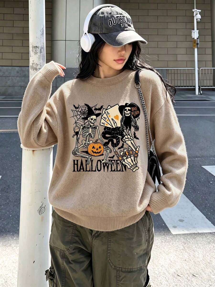 Sweater West Wind Halloween Skeleton Witch Playing Cards Black Snake Pumpkin Spider Web Print, Cocok Untuk Dipakai di Musim Gugur/Dingin, Hangat dan Nyaman