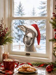 30*30 Christmas Donkey Static Window Sticker, Cute Tilted Head Donkey With Red Christmas Hat Design, Static Material No Glue Needed, Reusable, Suitable For Window, Home Glass Window Decoration, Create Warm And Fun Christmas Atmosphere, Creative Holiday Decoration Sticker For Christmas Home And Shop Scene Arrangement - Multicolor - View 6