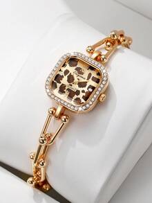 Women's Luxury Rhinestone Leopard Print Wristwatch, Square Leopard Print Dial U-Shaped Beaded Bracelet Style Personalized Quartz Watch, Gift For Girlfriend (1pc/Set) Watch Box Not Included - Gold - View 10