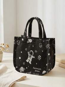 1pc Astronaut Print Corduroy Tote Bag, Snap Button Closure Cute Handbag, Reusable Lunch Tote Bag For Student School Daily Outdoor Shopping Use - Multicolor - View 10