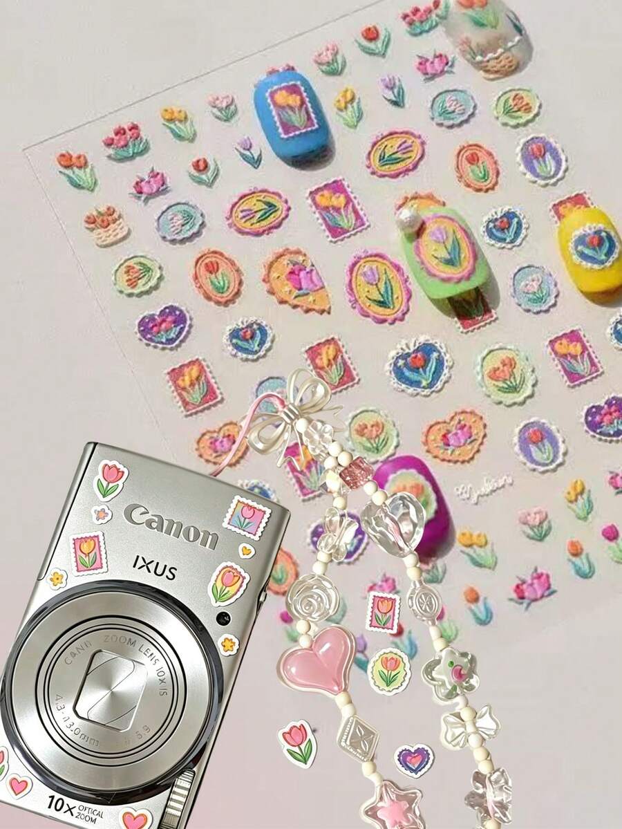 1pc/1set Phone Stickers, Phone Case Stickers, Laptop Stickers, Vibrant Atmosphere, Vintage Postage Stamp Floral Style, Macaron Sweet Tone Plant Pattern, Decorative Decals, Suitable For Phone Back, Laptop, Camera, Water Cup, Home Surface Decoration - TO3752 - View 1