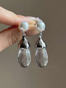 1 Pair Elegant High-End Transparent Faux Pearl Teardrop Earrings Suitable For Women's Daily And Party Wear - Silver - View 6