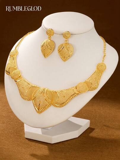 3pcs Luxury Exquisite Middle Eastern Leaf Pattern Necklace & Earrings Set, 18K Gold Plated, Suitable For Women, Girls, Wedding, Party, Daily Wear