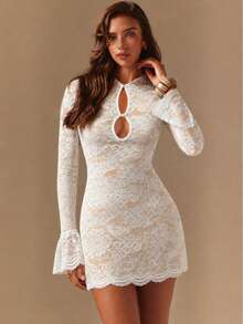 Women's Elegant Chinese Style White Lace Short Dress, Slim Fit Sexy Design, Hollow Out Detail, Long Flared Sleeves, Ruffle Hem, Suitable For Party Wear - White - View 2