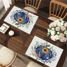 1/4/6pcs Autumn Series Navy Blue Large Pumpkin & Eucalyptus Pattern Printed Placemats, Heat-Resistant Table Mats For Home Kitchen, Table Protection, Kitchen Dining Table, Party Decor - Multicolor - View 7