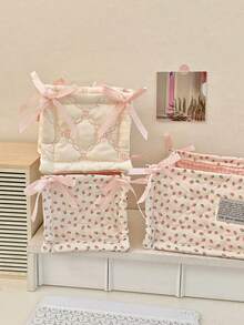 Quilted Storage Basket With Bow Decor, Fashionable Desktop Organizer Box, Large Capacity Floral Polka Dot Pattern Storage Bin, Suitable For Bedroom Vanity To Store Skincare Products And Miscellaneous Items, Foldable Home Storage Basket - Multicolor - View 6