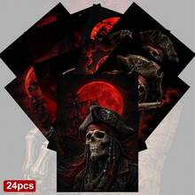 24pcs + A Red Envelope Mysterious Dark Pirate Halloween Postcards, Skeleton Captain And Red Moon Background, Printed With Happy Halloween, Suitable For Friends, Gothic Art Style - Sets - View 9