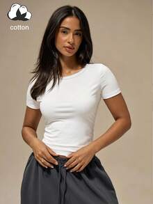 Women's Fashion Printed & Solid Color Cotton Short Sleeve T-Shirt; Casual Summer Cropped T-Shirt - White - View 2