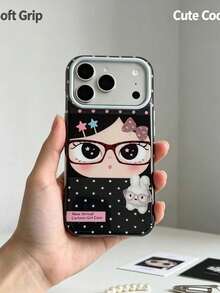1pc Korean Style Phone Case, Cartoon Big Eye Girl Glasses Print, Large Camera Window, Shockproof Scratch-Resistant Anti-Drop Protective Shell, Compatible With IPhone 17 Pro Max, 17 Pro, 17 Air, 16 Pro Max, 16 Pro, 16 Plus, 16, 15 Pro Max, 15 Pro, 15, 14, 15 Plus, 13 Pro Max, 14 Pro Max, 11, 12, 18Pro Max 18Pro Smartphone Protective Cover - Black - View 2
