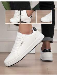 Men's Flat Comfortable Sneakers, Solid Color Minimalist White Shoes, Street Casual Skateboard Shoes - White - View 6