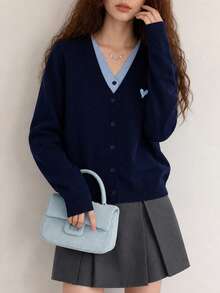 Women's Autumn/Winter Minimalist Casual Slimming V-Neck 2 In 1 Cardigan Knit Sweater Jacket - Navy Blue - View 1
