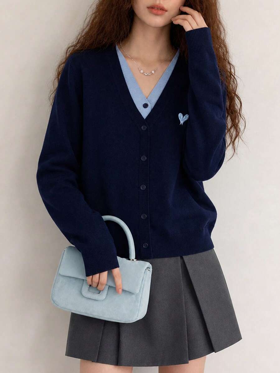 Women's Autumn/Winter Minimalist Casual Slimming V-Neck 2 In 1 Cardigan Knit Sweater Jacket - Navy Blue - View 1