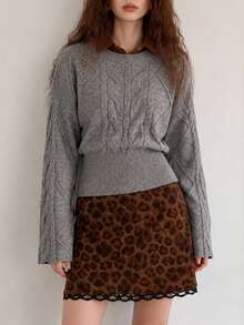 Women's Cable Knit Pullover Sweater, Long Sleeve Short Knit Top, Suitable For Autumn/Winter Wear - Grey - View 3