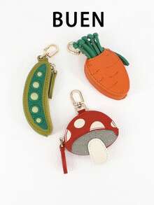 Cute Cartoon Pea Mushroom Carrot Shaped Coin Purse Pendant, Fun Mini Bag Charm, 1pc Green Orange Red PU Leather Keychain Storage Bag - Multicolor - View 3