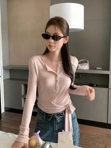 Sweet Casual Slim Fit Tie-Front Henley Collar Long Sleeve T-Shirt Women Top - Pink - View 10