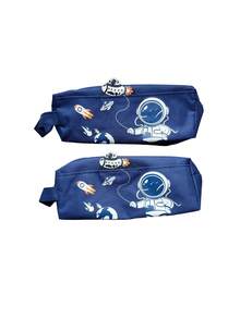 1pc Blue Space Theme Pencil Case, Large Capacity Double Zipper Student Stationery Storage Bag, Astronaut Pencil Case - A - View 7