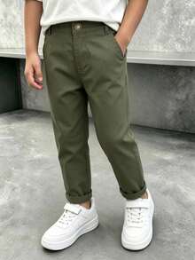 男童刺繡Logo咖啡色純棉休閒長褲，春秋款 - 軍綠色 - 查看 17