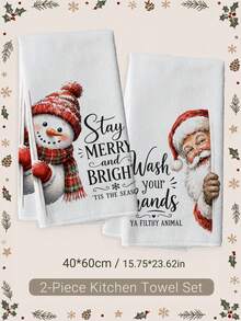 Funny Snowman & Santa Claus With Text Pattern Kitchen Towel 2 Pieces Set, 40*60cm Soft Microfiber Material, Suitable For Home Kitchen Restaurant Outdoor Camping Tabletop Cleaning Dish Cloth Hand Towel Accessories, Humorous Christmas Theme Holiday Gift - Multicolor - View 10