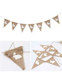 2.9m (7pcs) White Rabbit Triangle Bunting Banner, Rustic Linen Decorative Garland, Suitable For Garden Decor, Indoor Decor Banner, Theme Party, Birthday And Family Gathering Props, Outdoor Party Backdrop, Halloween Decoration - A - View 1