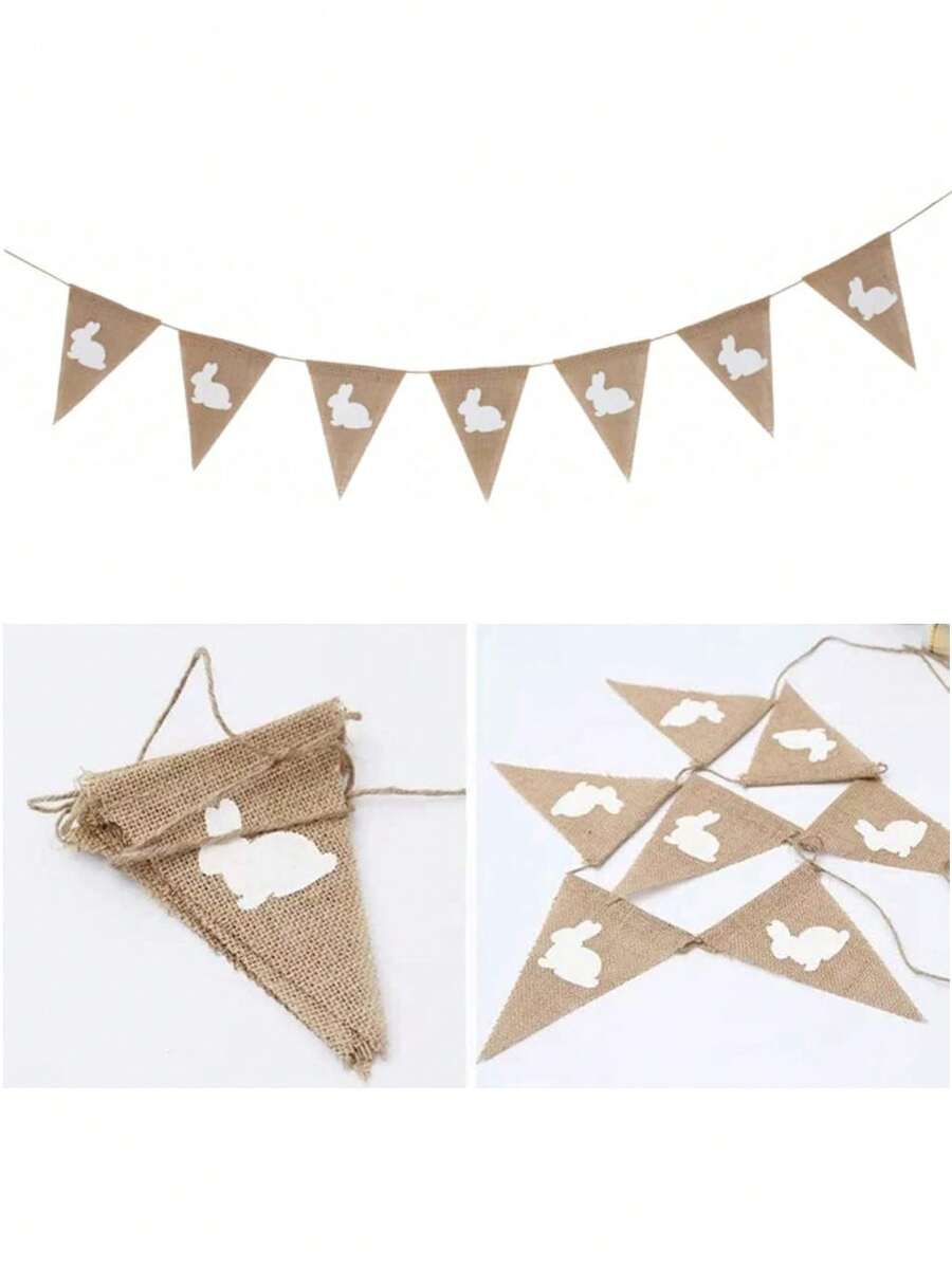2.9m (7pcs) White Rabbit Triangle Bunting Banner, Rustic Linen Decorative Garland, Suitable For Garden Decor, Indoor Decor Banner, Theme Party, Birthday And Family Gathering Props, Outdoor Party Backdrop, Halloween Decoration - A - View 1