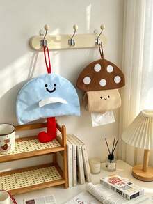 1pc/10pcs Fun Fabric Hanging Tissue Box, Mushroom Shape, Embroidered Face Pattern And Hanging Rope, Tissue Dispenser, Wall-Mounted Tissue Storage Bag, Bedroom Dorm Home Indoor Daily Decoration, Room Decor, Bedroom Decor - Multicolor - View 3