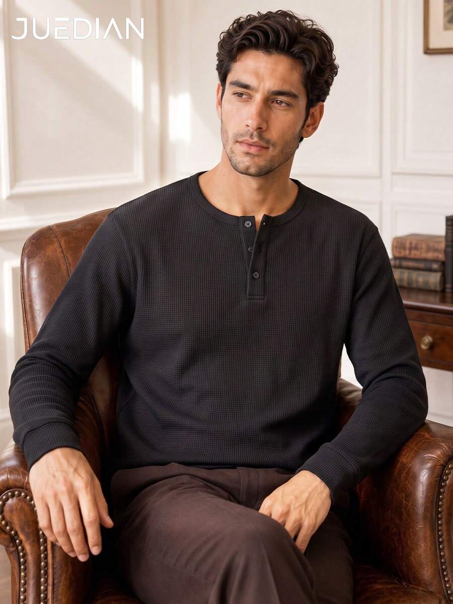 1pc Black Waffle Knit Men's Long Sleeve Polo Shirt, Henley Collar Half-Button Design, Men's POLO Shirt, Men's T-Shirt, Solid Color Loose Ribbed Cuff Long Sleeve Top, Breathable Textured Fabric, Men's Casual Pullover, Old Money Style, Gentleman Elegant Men's Top - Black - View 1
