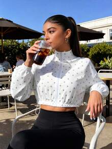 Women's Star Print Stand Collar Cropped Sports Jacket, Y2K American Casual Sporty Hot Girl Style, Suitable For Casual Sports, Streetwear, All Seasons - White - View 2