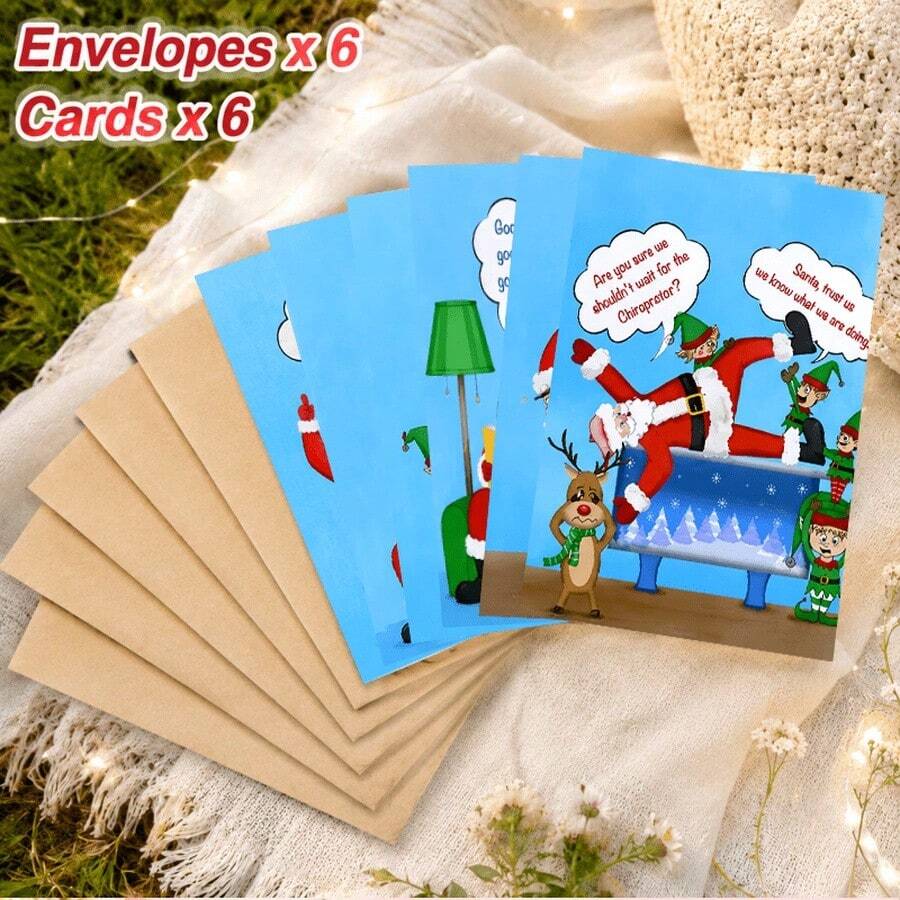 12pcs/Set Christmas Greeting Cards With Envelopes, Cartoon Santa Claus Elf Reindeer, Vibrant Colors Humorous Style, Christmas Cards For Friends And Family NNDB - Sets - View 1