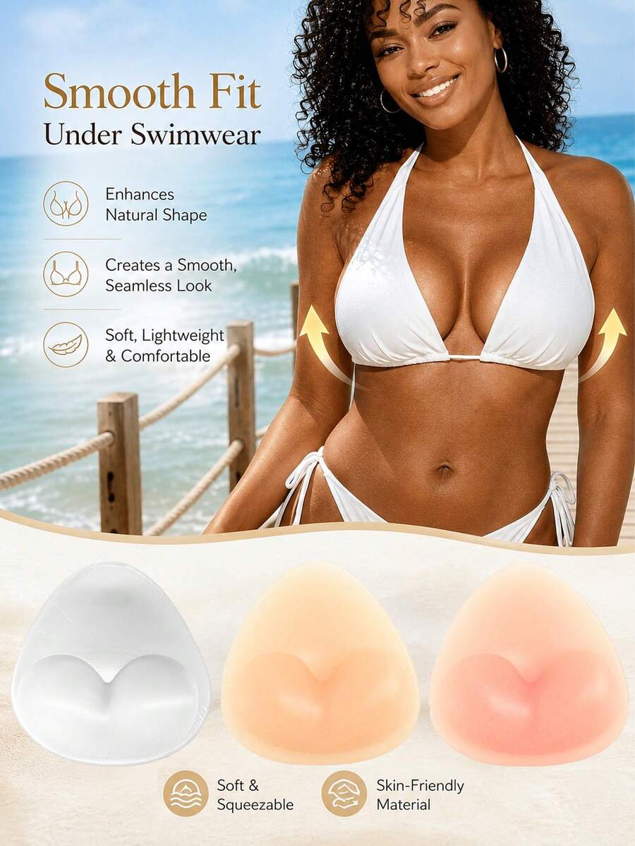 2pcs Women's Triangle Silicone Bra Pads, Thickened Design Provides Soft Support; Replaceable Bra And Swimsuit Pads, Suitable For Beach Vacation Swimwear - Multi-color - View 1
